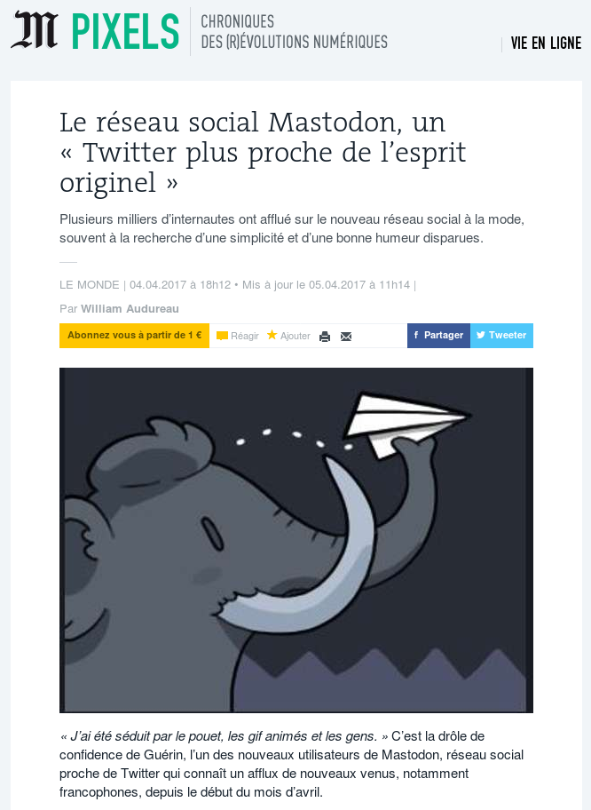 Mastodon dans Le Monde en avril 2017